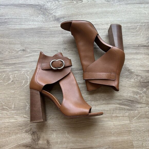 Chloe Womens Leather Ankle Boots Brown Buckle Millie Heeled Peep Toe Size 41 - Picture 1 of 16